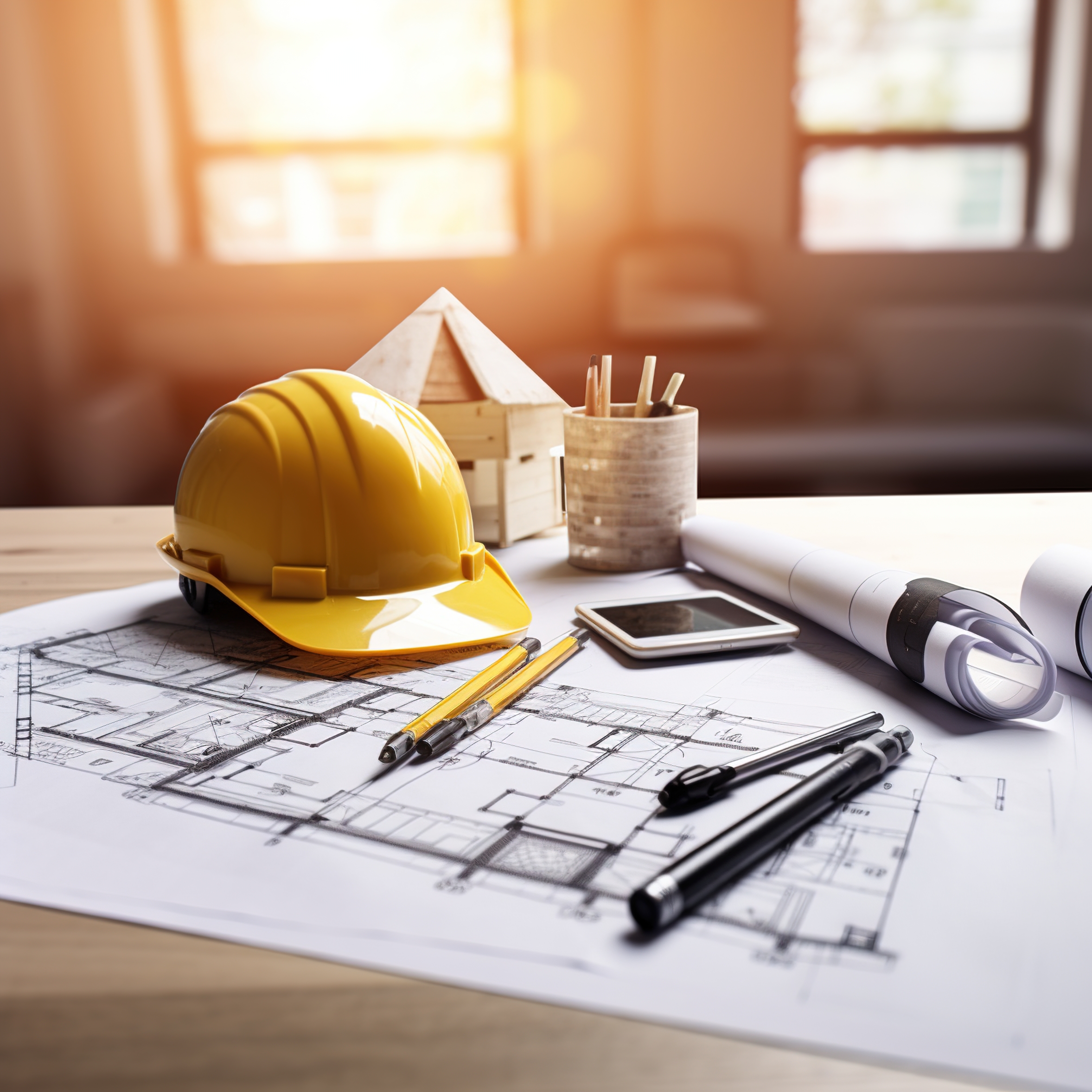 An architect's desk with a yellow hard hat, blueprints, and a model house,